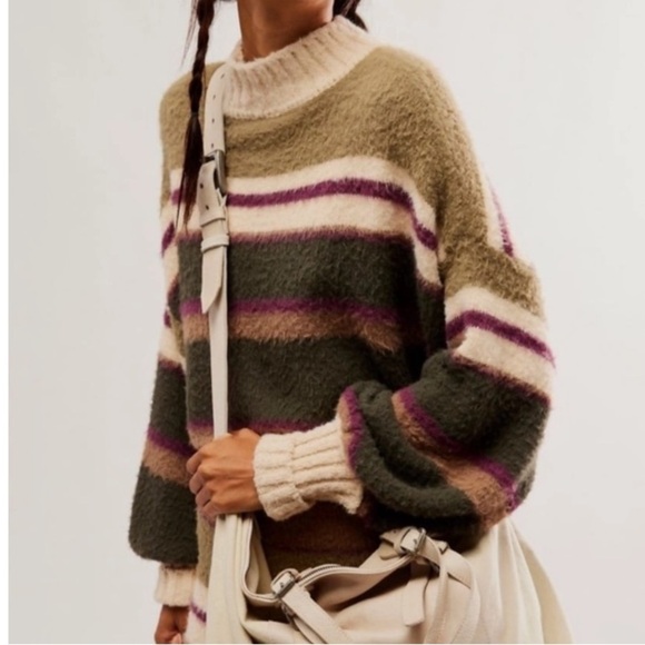Free People Fuzzy Cropped Sofie Sweater Striped Army Green Purple Combo Size M - Picture 1 of 14